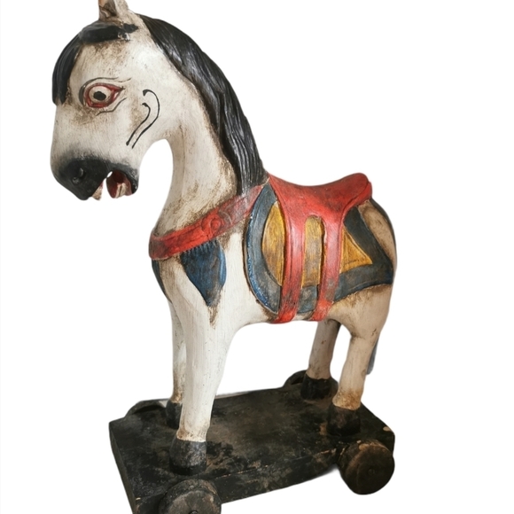 ANTIQUE wooden Pull Toy Horse Wood Wheels Farmhouse primitive folk Art. - Picture 6 of 6